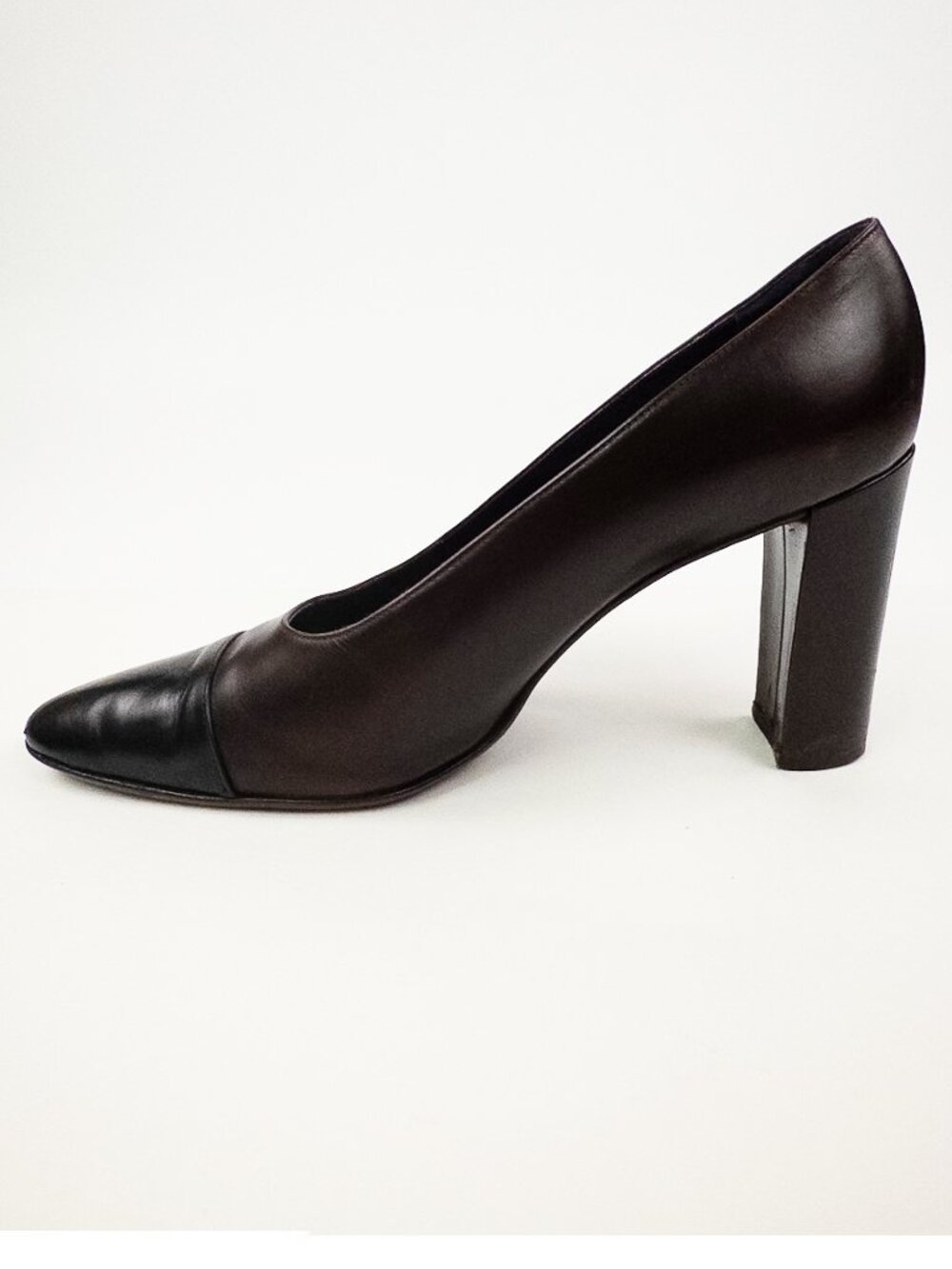 Ralph Lauren Purple Label Brown Black Cap Toe Pumps Block Heel Sz 8.5 - Picture 3 of 10